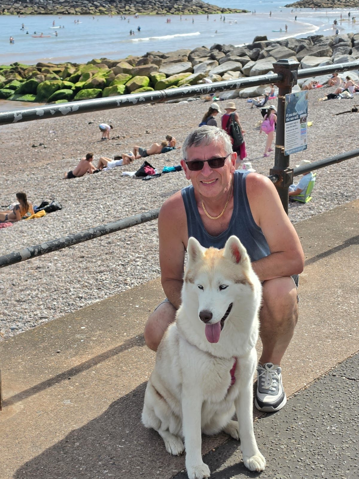 Guest with husky on the beach promenade
