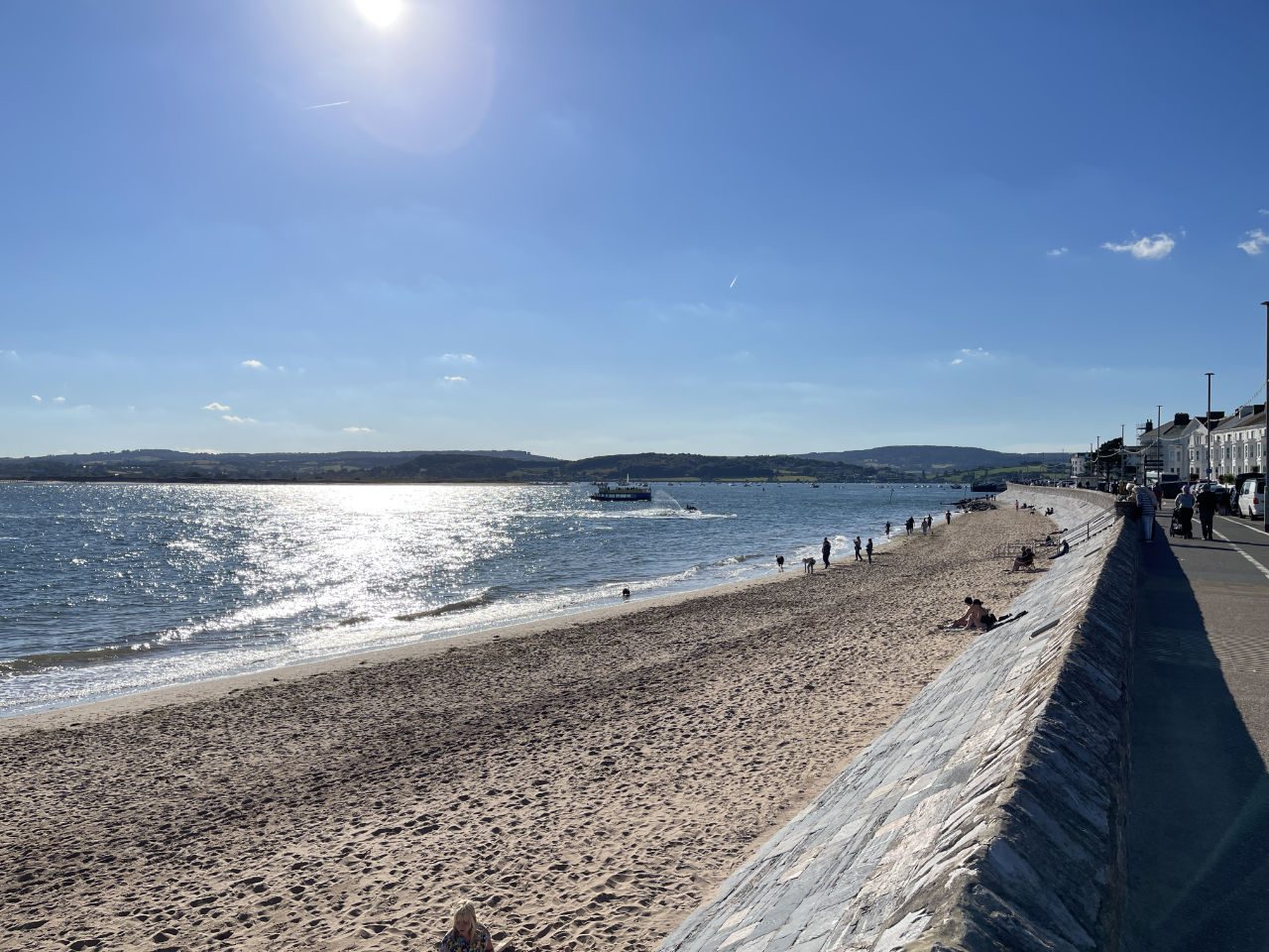 Exmouth beach and seafront with the Exe estuary ferry