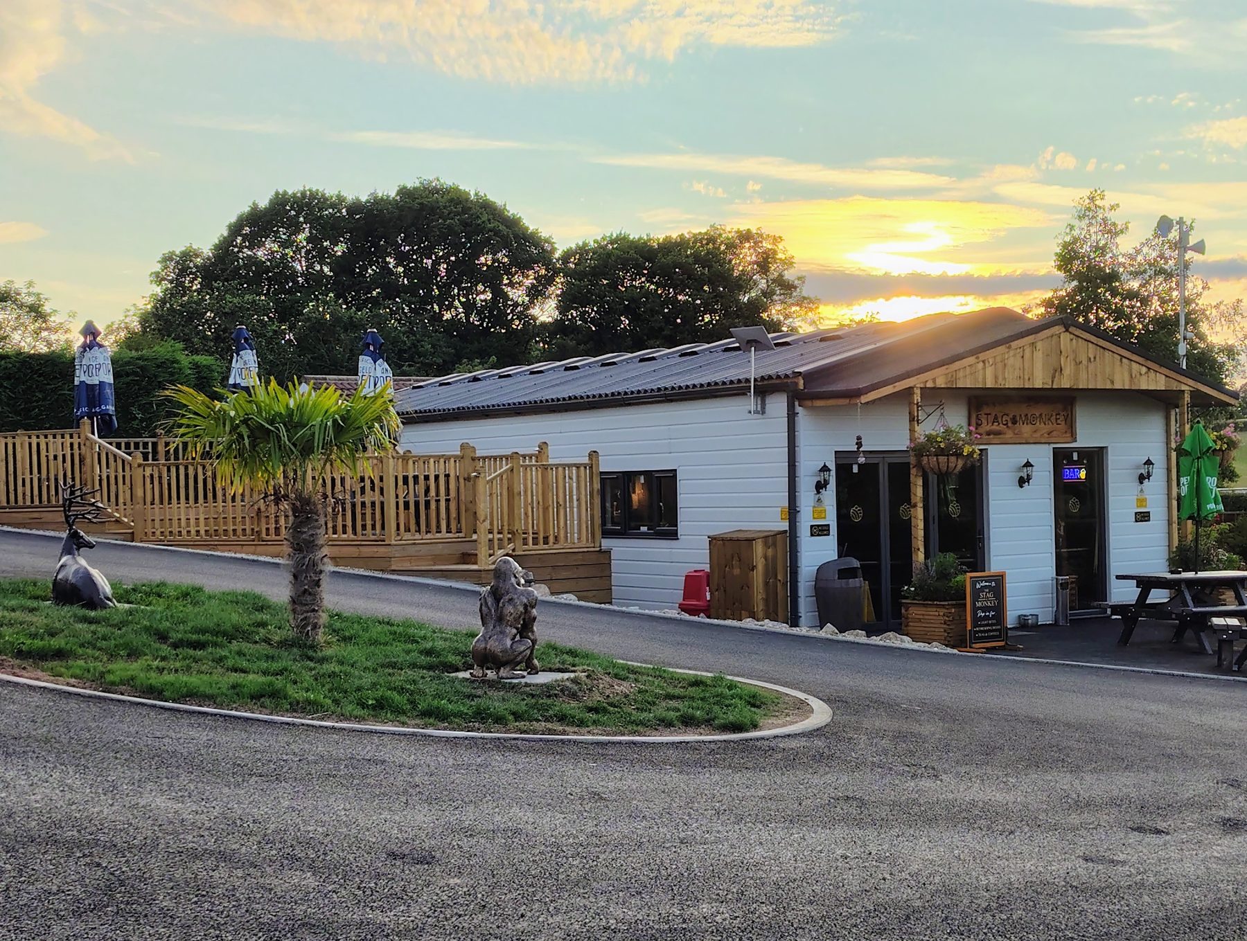 The Stag and Monkey pub and terrace at sunset